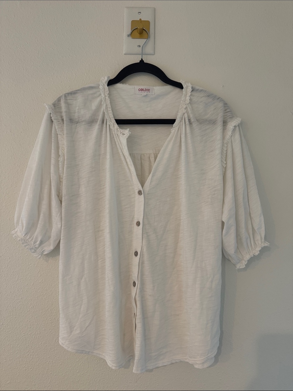 Goldie White Button-Front Peasant Top with Ruffle Trim